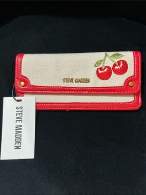 Steve Madden White Canvas Wallet with Red Trim and Cherry Embroidery